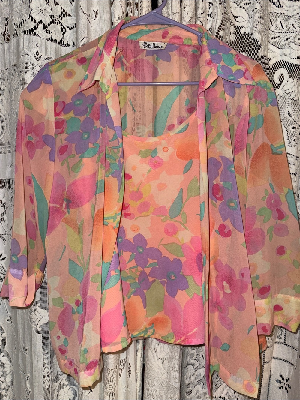 Vintage Pink Floral Sheer Blouse and Shell Set